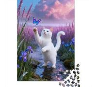 1000 Piece White Cat Jigsaw Puzzle for Adults & Kids - Challenging Brain Teaser, Purple Grass Puzzle, Home Decoration Gifts 70x50cm/1000pcs