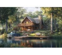 1000 Piece Wood Jigsaw Puzzle for Adults, Lakeside Log Cabin Bliss, Nature Landscape, Relaxing Family Activity
