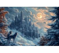 1000-Piece Wood Jigsaw Puzzle for Adults,Moonlit Wolf Castle Fantasy Night | Mysterious Night Scene Of Wolf Beside Ancient Castle Under Moon, Dark Fantasy Wall Decor