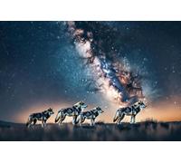 1000 Piece Wood Jigsaw Puzzle for Adults, Wolf Pack Under The Stars, Majestic Wildlife, Glimmering Night Sky Panorama