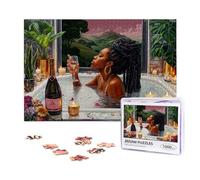 1000 Piece Wooden Jigsaw Puzzle - Black Woman Art of African American Relaxing in Bath with Wine, Challenging Self Care Mindfulness Gift for Her