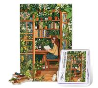 1000 Piece Wooden Jigsaw Puzzle for Adults - Cozy Reading Retreat with Cat & Plants, Relaxing Book Lover & Cat Lover Gift, Peaceful Home Decor Puzzle