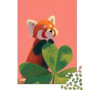 1000 Piece Wooden Jigsaw Puzzle for Adults, Cute Red Panda with Clover