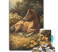 1000 Piece Wooden Jigsaw Puzzle for Adults, Foal Resting Among Flowers