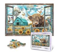 1000 Piece Wooden Jigsaw Puzzle for Adults - Funny Highland Cow Landscape with Live Like Someone Left The Gate Open Quote, Challenging Farm Theme Gift for Cow Lovers