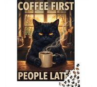 1000 Piece Wooden Jigsaw Puzzle for Adults, Grumpy Black Cat Coffee Poster