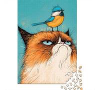 1000 Piece Wooden Jigsaw Puzzle for Adults, Grumpy Cat with Bird on Head