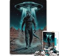 1000 Piece Wooden Jigsaw Puzzle for Adults, Reptilian Alien Under UFO Beam