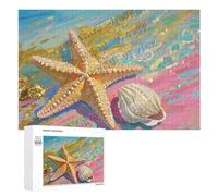 1000 Piece Wooden Jigsaw Puzzle - Starfish and Shells in Gold Print - Calming Beach Puzzle for Adults and Decorative Wall Art for Coastal Lovers