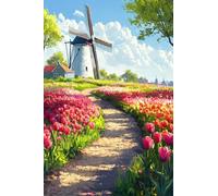 1000 Piece Wooden Puzzle for Adults Dutch Windmill and Tulip Field Path,Colorful Spring Floral Countryside Jigsaw