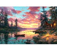 1000 Piece Wooden Puzzle for Adults Lakeside Cabin at Sunset Jigsaw Puzzle for Relaxing Home Decor and Gift,Serene Lake with Canoe,Trees and Campfire Scene