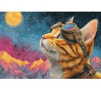 1000 Piece Wooden Puzzle for Adults Luna The Steampunk Cat Under Moonlit Mountain Sky Jigsaw Puzzle for Relaxing Home Decor and Gift