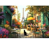 1000 Piece Wooden Puzzle for Adults Parisian Cafe with Eiffel Tower and Black Cat Jigsaw Puzzle for Relaxing Home Decor and Gift