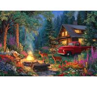 1000 Piece Wooden Puzzle for Adults Rustic Cabin Evening by David with Campfire Deer and Vintage Red Truck Jigsaw Puzzle for Relaxing Home Decor and Gift