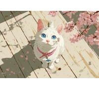 1000 Piece Wooden Puzzle for Adults Sakura The Blueeyed Cat Jigsaw Puzzle for Relaxing Home Decor and Gift,Cute White Kitty Under Cherry Blossom Tree Artwork