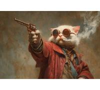 1000 Piece Wooden Puzzle for Adults Sherlock Cat in Red Coat with Revolver and Smoking Steampunk Gentleman Feline Jigsaw Puzzle for Relaxing Home Decor and Gift