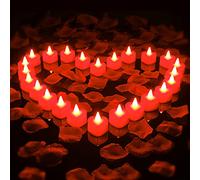 1000 Pieces Artificial Rose Petal with 24 Pieces Romantic Heart LED Candle Flameless Love LED Tealight Candle for Romantic Night Valentines Anniversary Wedding Table Decor (Red)