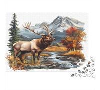 1000 Pieces Autumn Forest Deer Jigsaw for Adults Thick Paper Educational Mountain Scenery Puzzle Relax Home Wall Art 52x38cm/1000pcs
