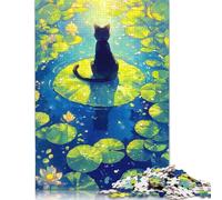 1000 Pieces Black Cat on Lily Pad - Pound Lake Creative Square Jigsaw Puzzles for Adults & Paper Puzzles Challenging Game 38x26cm/1000pcs