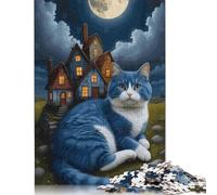 1000 Pieces Blue Cat And Whimsical Houses Jigsaw Puzzles Wooden Puzzle for Adults And Teenager Educational Game for Adult Teenagers 1000pcs (75x50cm)