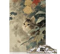 1000 Pieces Cat Among Chrysanthemums Vintage Art Jigsaw Square Puzzle for Adults Wooden Puzzles Unique Challenge Games 1000pcs (75x50cm)