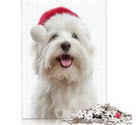 1000 Pieces Cute Coton De Tulear Dog with Santa Hat Puzzle for Adults Wood Puzzles Wooden Puzzles Learning Educational Puzzle 300pcs (40x28cm)