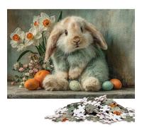 1000 Pieces Easter Bunny with Flowers Jigsaw Square Puzzle for Adults Wooden Puzzles Unique Challenge Games 1000pcs (75x50cm)