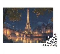 1000 Pieces Eiffel Tower Jigsaw Puzzle Set, Extra-Thick Cardboard, A Romantic Night View of The Eiffel Tower by The River Relaxing Office Break Gift, 52x38cm/1000pcs