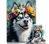 1000 Pieces for Adults Husky Wearing Flowers 1000 Piece Jigsaw Puzzle for Adults Teens,Vibrant And Unique Design Relaxing & Challenging Puzzle Experience 26x38cm
