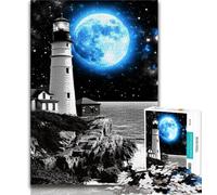 1000 Pieces for Adults Lighthouse Under The Blue Moon Jigsaws 1000 Pieces for Teenagers,Birthday Gift Idea for Adults, Family Game And Hobby 38x26cm