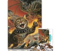 1000 Pieces for Teenagers Cat Vs. Dragon Puzzles for Adults Teens 1000 Pieces,Stress Reliever Difficult Challenge Enhance Love between Couples 26x38cm