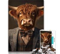 1000 Pieces for Teenagers Highland Cattle in Suits 1000 Pieces Jigsaw Puzzles for Adults And Teens,with Fully Interlocking Randomly Shaped Pieces for And 14 Years Old 26x38cm