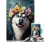 1000 Pieces for Teenagers Husky Wearing Flowers 1000 Piece Jigsaw Puzzles for Teenagers,Stress Reliever Staycation Kill Time Funny Gift 50x75cm