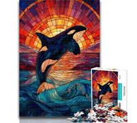 1000 Pieces for Teenagers Stained Glass Blue Whale 1000 Piece Jigsaw Puzzles for Teenagers Gifts,Challenging Game And Family Play Secret Santa Gifts 26x38cm