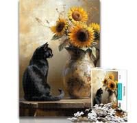 1000 Pieces for Teenagers Sunflower And Black Cat 1000 Piece Jigsaw Puzzles for Teenagers,Educational Games Home Decoration Artists Collection, Fine Art 50x75cm
