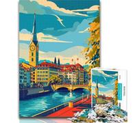 1000 Pieces for Teenagers Zurich Cityscape 1000 Piece Jigsaw Puzzle for Adults And Teenagers,Educational Games Home Decoration Artists Collection, Fine Art 75x50cm