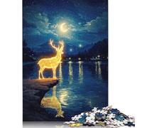 1000 Pieces Glowing Deer by Lake at Night for Adults Difficult Jigsaw Paper Puzzle for Adults Christmas Eve Gifts 1000pcs (75x50cm)