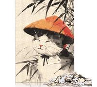 1000 Pieces Happy Bamboo Japanese Cat Jigsaw Puzzle, Creative Rectangular Wooden Jigsaw Puzzles for Adults, Large Puzzles for Family Educational Game 1000pcs (75x50cm)