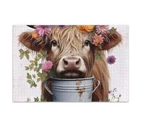 1000 Pieces Jigsaw Puzzle Floral Highlands Cow Beige Puzzle Game Home Wall Artwork for Adults, Families