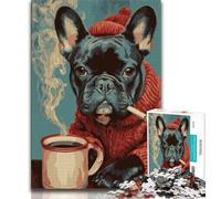 1000 Pieces Jigsaw Puzzle for Adults& Teens French Bulldog Drinking Coffee Adult Jigsaw,Stress Reliever Difficult Challenge Secret Santa Gifts 75x50cm