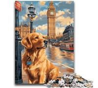 1000 Pieces Jigsaw Puzzle for Adults& Teens Golden Retriever Under Big Ben 1000 Piece Jigsaw,with Matching Poster And Trivia Sheet for And Age 14 Years Up (26x38cm)