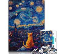 1000 Pieces Jigsaw Puzzle For Adults Teens Night Sky Orange Cat,Stress Reliever Difficult Challenge Every Piece Is Unique - Challenging Family Fun Game 38x26cm