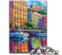 1000 Pieces Jigsaw Puzzle For Adults Teens Painting of Napoli Italy Waterfront Jigsaw,with Matching Poster And Trivia Sheet for And Age 14 Years Up (75x50cm)