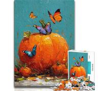 1000 Pieces Jigsaw Puzzle for Adults& Teens Pumpkins And Blue Butterflies,Help The Brain Exercise Addictive Toys to Cultivate Patience Perfect Decoration 38x26cm