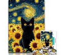 1000 Pieces Jigsaw Puzzle For Adults Teens Sunflower And Black Cat Puzzles for Teenagers,Stress Reliever Staycation Kill Time Enhance Love between Couples 75x50cm