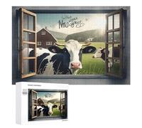 1000 Pieces Jigsaw Puzzle for Adults - Window Cow Farm Animal Art Puzzle Challenging Educational Toys Gifts for Home Decor Family Activities 70 * 100cm
