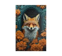1000 Pieces Jigsaw Puzzle, Red Fox With Blue And White Fur Surrounded By Orange Flowers, Fine Art Illustration Style, Airbrush Art Puzzle, Colorful