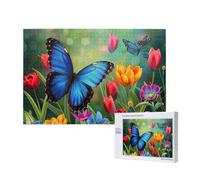 1000 Pieces Jigsaw Puzzle with Storage Box, blue butterfly and Flowers Printed Wooden Puzzle 75x50 CM for Adults Kids Family Fun Decorative Game
