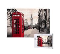 1000 Pieces Jigsaw Puzzle with Storage Box, Red Phone Booth London Street Printed Wooden Puzzle 75x50 CM for Adults Kids Family Fun Decorative Game