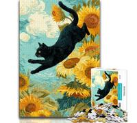 1000 Pieces Jigsaw Puzzles for Adults And Teens Black Cat Sunflower,Educational Games Home Decoration Educational Game for Birthday,Chrismas 75x50cm